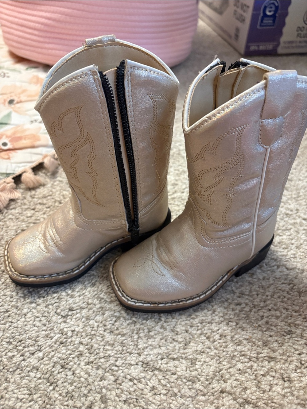 Old West Cream Metallic Kids Cowboy Boots with Side Zipper